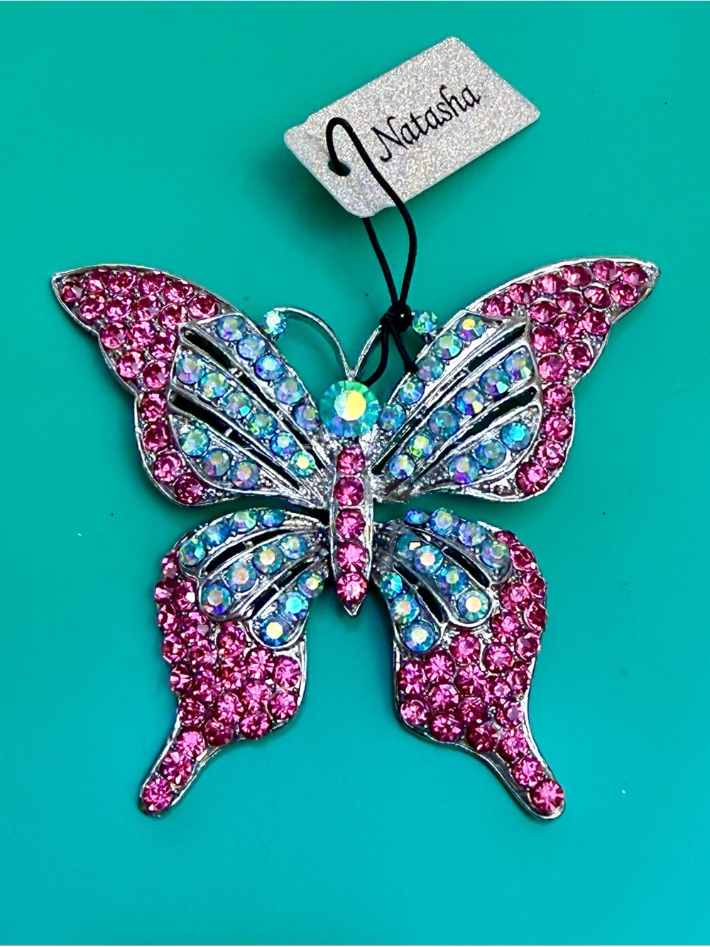 NWT Large Butterfly Brooch Fuchsia Turquoise Sparkling Rhinestones Great Gift🦋🌴🌺